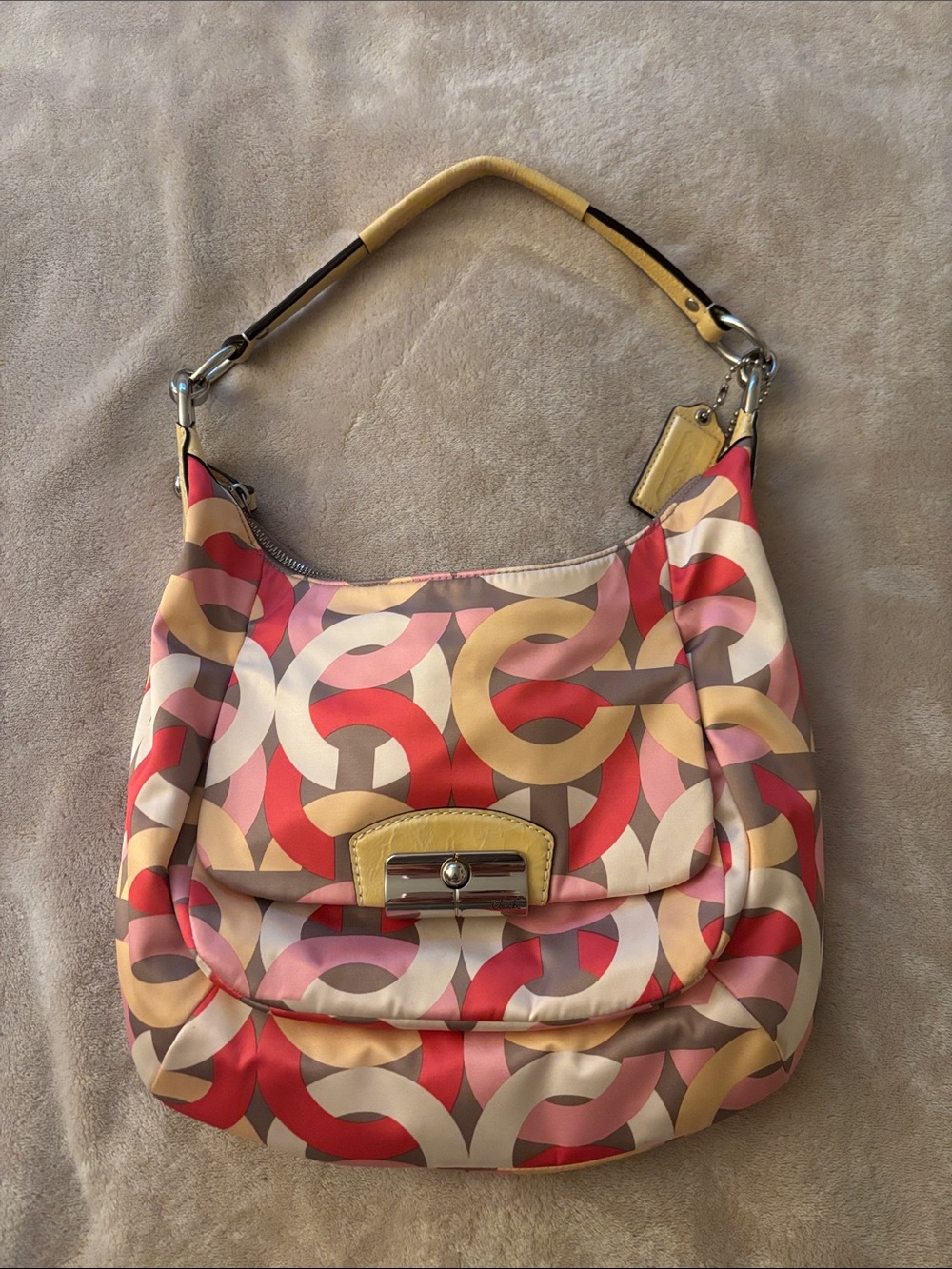 Stylish Coach Multi-Color Pattern Hobo Bag - Pink, Red & Cream, nylon